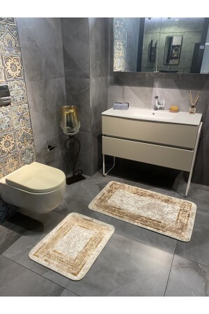 Versace gemustertes 2-teiliges rutschfestes Badezimmermatten-Set (60x100 - 60x50) Beige-Gold BYD-CLORISAMAT - 2