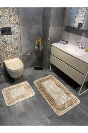 Versace gemustertes 2-teiliges rutschfestes Badezimmermatten-Set (60x100 - 60x50) Beige-Gold BYD-CLORISAMAT - 4