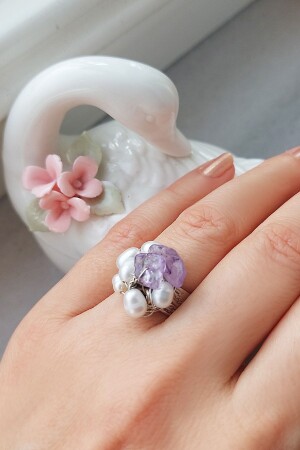 Versilberter Amethyst- und Perlenring - 4