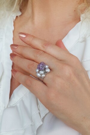 Versilberter Amethyst- und Perlenring - 5