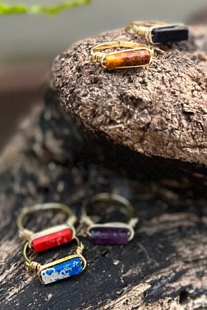 Verstellbarer Ring aus Amethyst-Baguette-Naturstein, vergoldet, handgefertigt - 4