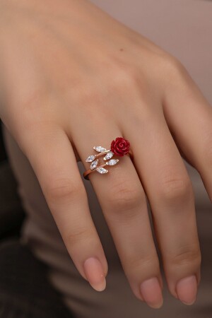 Verstellbarer Ring mit roter Rose aus 925er-Sterlingsilber, Efeu-Modell - 1