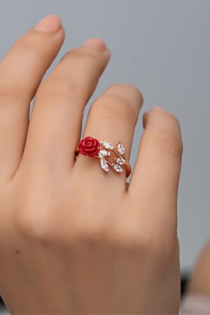 Verstellbarer Ring mit roter Rose aus 925er-Sterlingsilber, Efeu-Modell - 3