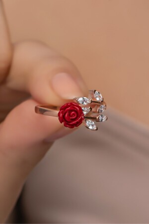 Verstellbarer Ring mit roter Rose aus 925er-Sterlingsilber, Efeu-Modell - 4