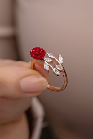 Verstellbarer Ring mit roter Rose aus 925er-Sterlingsilber, Efeu-Modell - 5