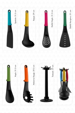 Vintage 7 Parça Standlı Silikonlu Mutfak Servis Takımı Renkli Kepçe Seti Servis Kaşıkları - 3