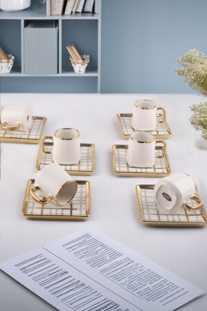 Violet 6 Kişilik Gold Yaldızlı Porselen Kahve Fincan Takımı Beyaz - Vadi