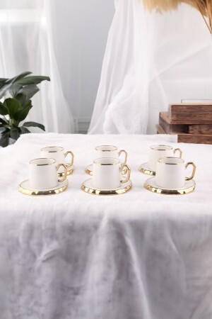 Violet 6 Kişilik Gold Yaldızlı Porselen Kahve Fincan Takımı Beyaz - Vadi