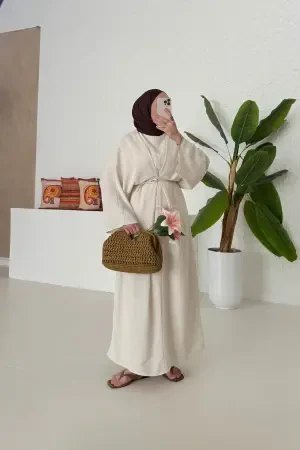 Viral Natural Keten Bağlamalı Elbise Bej - Nuuwears