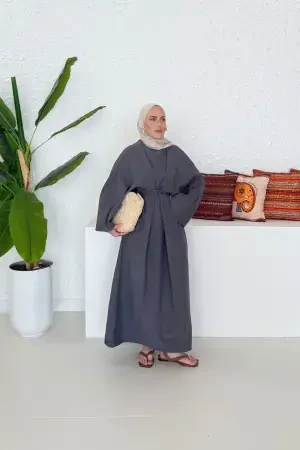 Viral Natural Leinen Krawattenkleid Anthrazit - Nuuwears