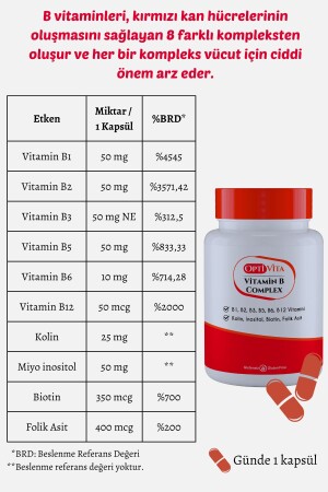 Vitamin B Complex 50 Kapsül B1- B2- B3- B5- B6- B12 Vitaminleri- Kolin- İnositol- Folik Asit- Biotin - 8