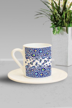 Vollständig bedruckte türkische Kaffeetasse mit vielen bösen Blickperlen he-f-2166 - 1