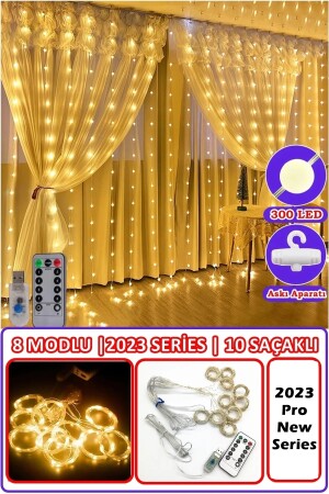 Vorhang, 300 LEDs mit 10 Fransen, gelber Streifen, LED-gesteuert, 8 Modi, Vorhang, Feen-Küchenlicht, dekorative Lampe, Vorhang-LED-2023 - 2