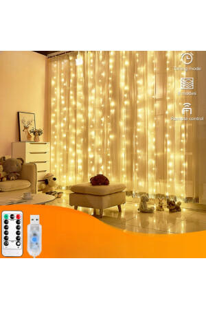 Vorhang LED 3mx3m mit Fernbedienung, 8 Funktionen, 300 LEDs, 10 Pendelleuchten, USB-Anschluss, vorgehängt - 5