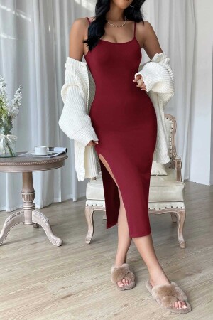Vücuda Oturan Askılı Esnek Örme Yırtmaçlı Midi Diz Altı Elbise - Merry See