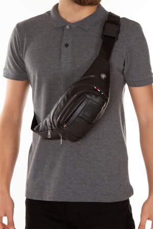 Wasserdichte Herren-Umhänge- und Hüfttasche aus Leder mit Kopfhörerausgang (schwarze Farbe für den täglichen Gebrauch) 310322-NPK1 - 2
