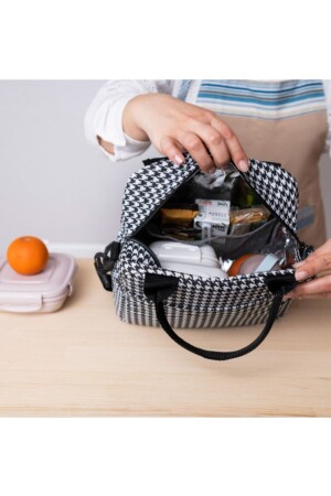 Wasserdichte, wärmeisolierte Thermotasche zum Transport von Lebensmitteln, Lunchbox mit Aufhänger, Hahnentrittmuster - 5