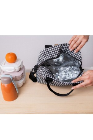 Wasserdichte, wärmeisolierte Thermotasche zum Transport von Lebensmitteln, Lunchbox mit Aufhänger, Hahnentrittmuster - 6