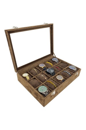 (منز) - Watch Case 15 Compartments Watch Organizer Luxury Alcantara Brown - Kutuveaksesuar