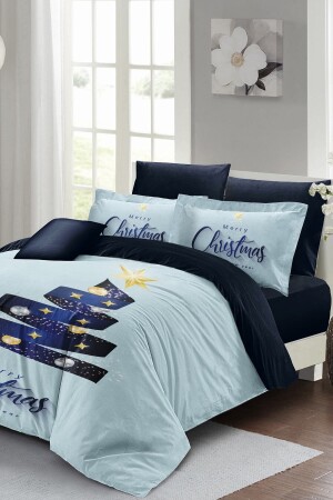 Weihnachts-Bettbezug-Set (mit elastischen Laken), Doppelbett, 100 % Baumwollsatin, Blau, Weihnachten, MONOHOME40864 - 1