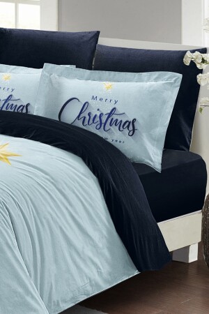 Weihnachts-Bettbezug-Set (mit elastischen Laken), Doppelbett, 100 % Baumwollsatin, Blau, Weihnachten, MONOHOME40864 - 3