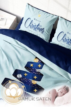 Weihnachts-Bettbezug-Set (mit elastischen Laken), Doppelbett, 100 % Baumwollsatin, Blau, Weihnachten, MONOHOME40864 - 5