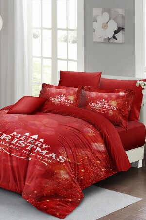 Weihnachts-Bettbezug-Set (mit elastischen Laken), Doppelbett, 100 % Baumwollsatin, Rot, Weihnachten, MONOHOME41045 - 1