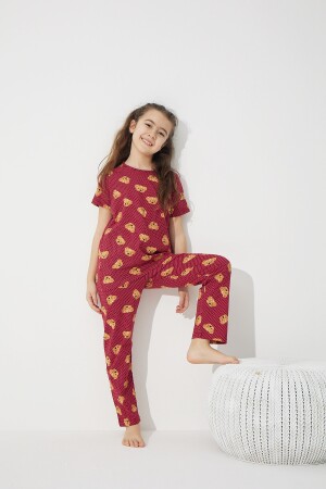 Weinrotes Teddybär-Pyjama-Set aus Baumwoll-Lycra mit Muster 7624 - 3