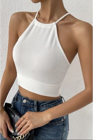 Weiße Crop-Top-Bluse mit Camisole-Rückenband und Gürtel für Damen - 5