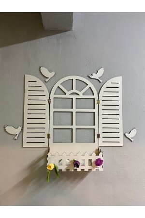 Weiße Fensterladen-Vogel-Fenster-Themen-Blumenschale aus Holz, MDF, lasergeschnitten, 3 mm, Wanddekoration - 1