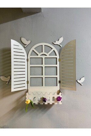 Weiße Fensterladen-Vogel-Fenster-Themen-Blumenschale aus Holz, MDF, lasergeschnitten, 3 mm, Wanddekoration - 3