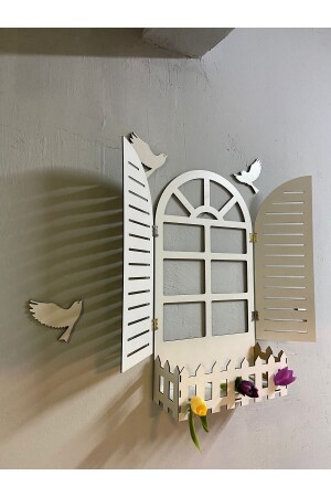 Weiße Fensterladen-Vogel-Fenster-Themen-Blumenschale aus Holz, MDF, lasergeschnitten, 3 mm, Wanddekoration - 4