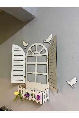 Weiße Fensterladen-Vogel-Fenster-Themen-Blumenschale aus Holz, MDF, lasergeschnitten, 3 mm, Wanddekoration - 5