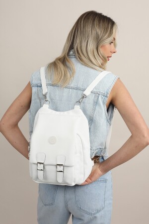 Weiße Schulhandtasche und Rucksack aus Crinkle-Stoff für Damen MK1020121YT12-006 - 3