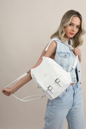 Weiße Schulhandtasche und Rucksack aus Crinkle-Stoff für Damen MK1020121YT12-006 - 6
