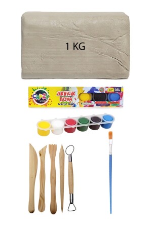 Weißer Keramikteig 1 kg Ton Ebeshuar-Set 6x15 ml Acryl-Set Flachpinsel Keramik-Ton-Spielknete Acuto-1kgSet-HobiYenze - 1