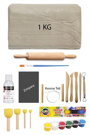 Weißer Keramikteig, 1 kg Ton, Eclipse-Set, 6 x 15 ml Acryl-Set, 100 ml Lack, Holzwalze und Schleifpapier - 2