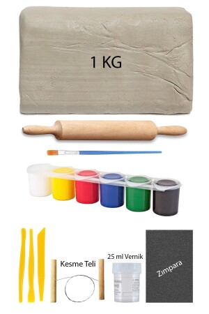 Weißer Keramikteig, 1 kg Ton, Eclipse-Set, 6 x 15 ml Acryl-Set, 25 ml Lack, Holzwalze und Schleifpapier - 1