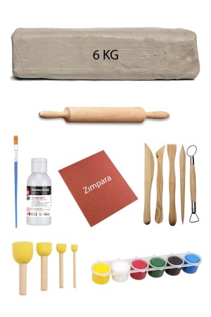 Weißer Keramikteig, 6 kg Ton, Ebeshuar-Set, 6 x 15 ml, Acryl-Set, 100 ml Lack, Holzwalze, Schleifpapier, Acuto-SeramikSet1-HobiYenze - 2