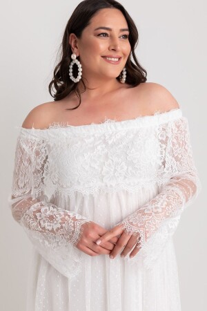 Weißes Damenkleid mit Madonna-Kragen und Guipure-Detail - Elbise Delisi