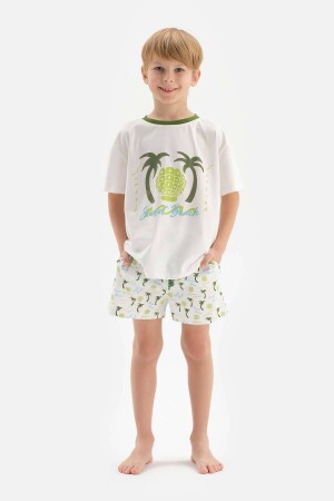 Weißes, kurzärmeliges T-Shirt-Shorts-Pyjama-Set mit Palmenmuster und Rundhalsausschnitt 23SB18308TA_BY - 1