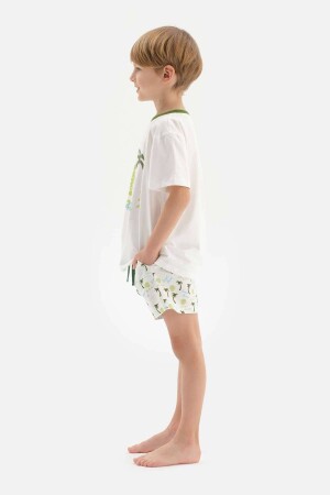 Weißes, kurzärmeliges T-Shirt-Shorts-Pyjama-Set mit Palmenmuster und Rundhalsausschnitt 23SB18308TA_BY - 2