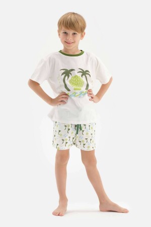 Weißes, kurzärmeliges T-Shirt-Shorts-Pyjama-Set mit Palmenmuster und Rundhalsausschnitt 23SB18308TA_BY - 5