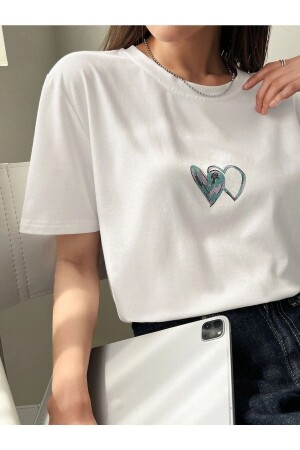 Weißes Oversize-T-Shirt mit Doppelherz-Aufdruck für Damen PL-DOUBLE HEART - 2