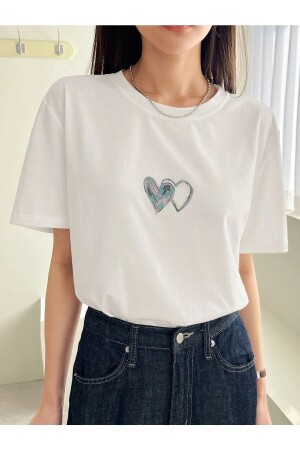 Weißes Oversize-T-Shirt mit Doppelherz-Aufdruck für Damen PL-DOUBLE HEART - 4