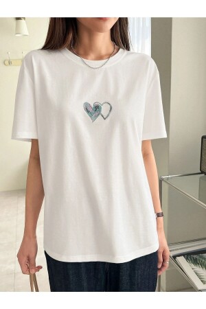 Weißes Oversize-T-Shirt mit Doppelherz-Aufdruck für Damen PL-DOUBLE HEART - 6