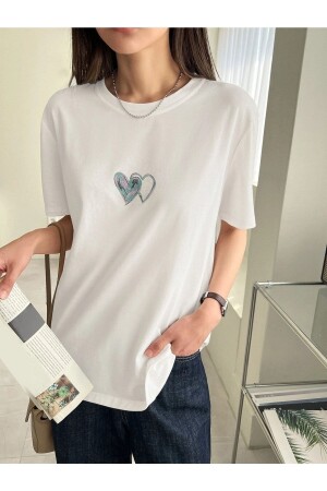 Weißes Oversize-T-Shirt mit Doppelherz-Aufdruck für Damen PL-DOUBLE HEART - 7