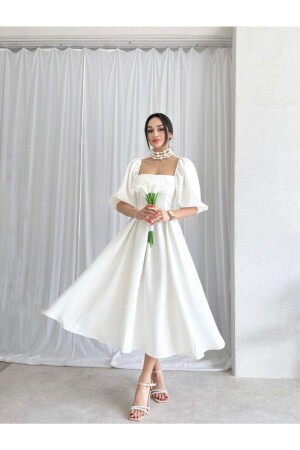 Weißes, plissiertes Midikleid mit quadratischem Ausschnitt - Afiş Butik