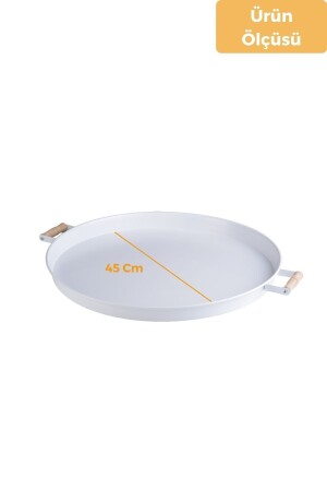 Weißes rundes Tablett aus Metall, 45 cm, mit Holzgriff, Frühstückstablett, Präsentationstablett metallbeyaztepsi51 - 6