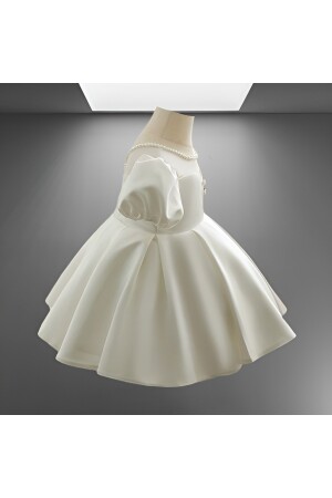 Weißes Satin-Perlen-Detailkleid mit Ballonärmeln und besonderem Design WioWhitePearlDetHoneySleeveDesignDress000 - 2